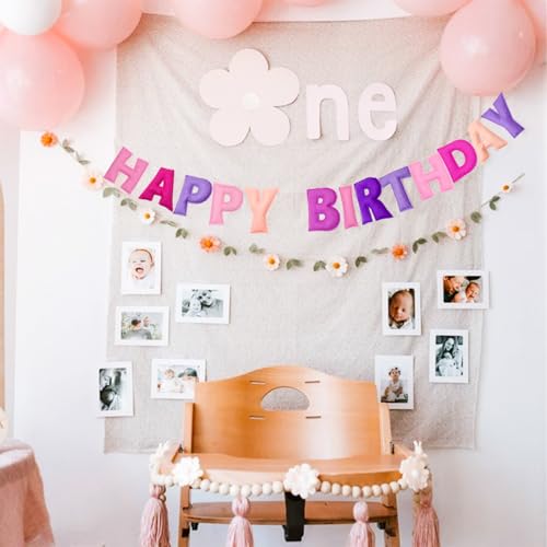 Pre-Strung Pink Felt Happy Birthday Banner - Reusable Wool Felt Garland with 3D Letters - Ready to Hang, 6.56ft