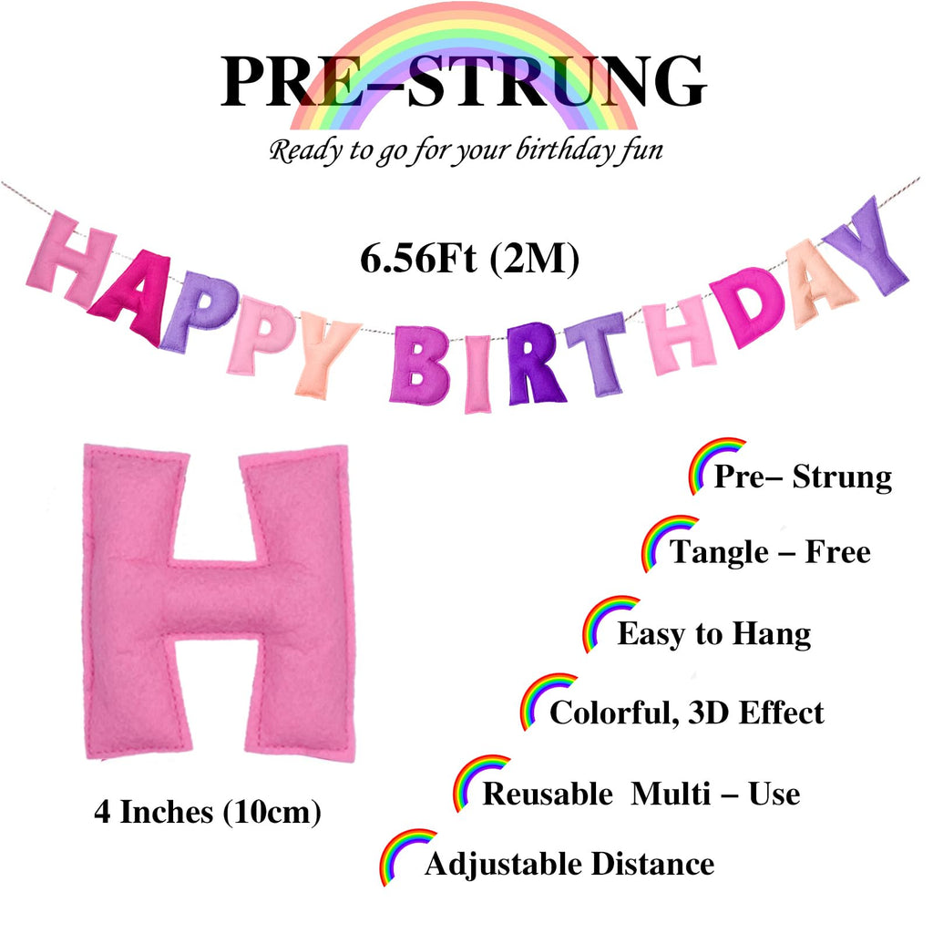 Pre-Strung Pink Felt Happy Birthday Banner - Reusable Wool Felt Garland with 3D Letters - Ready to Hang, 6.56ft