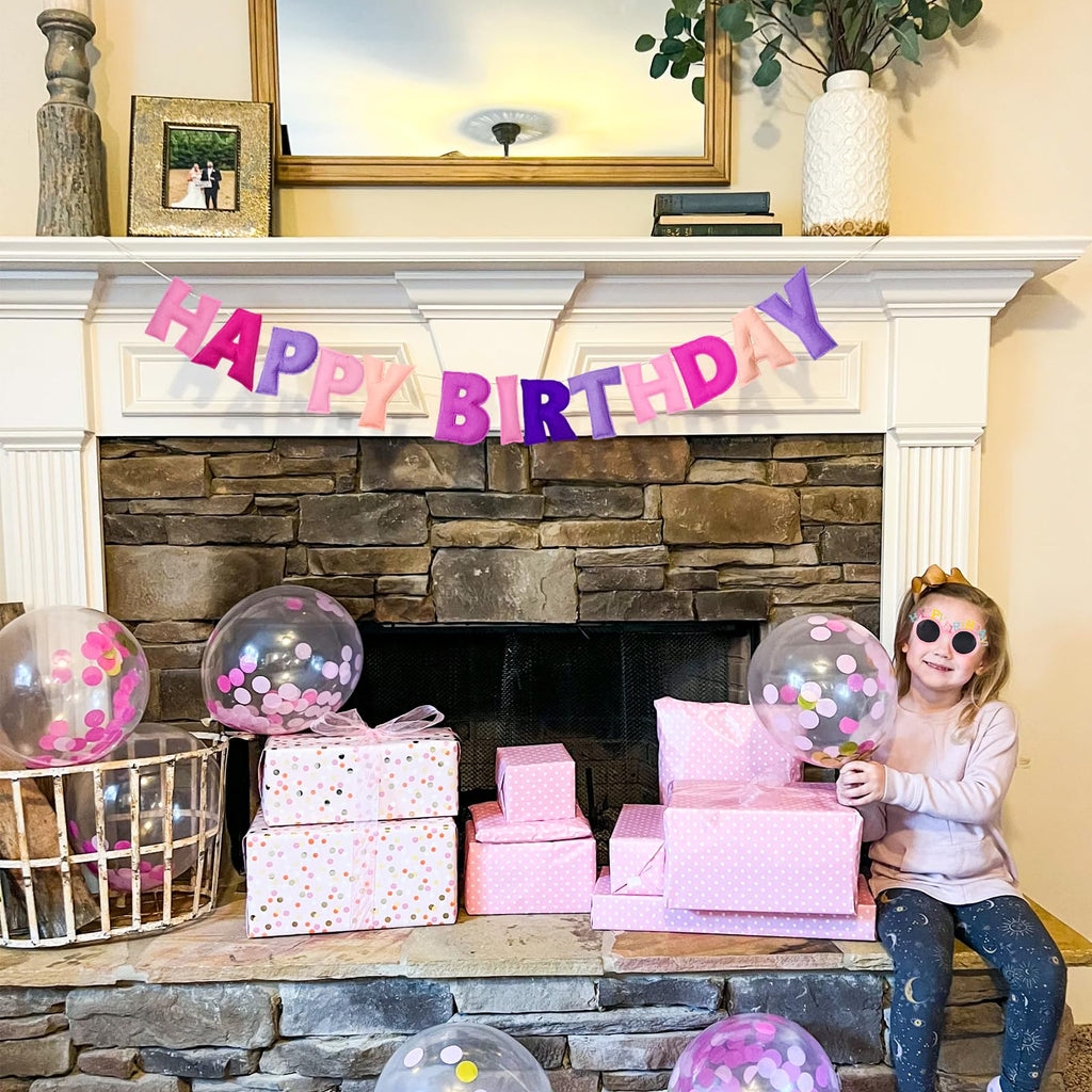 Pre-Strung Pink Felt Happy Birthday Banner - Reusable Wool Felt Garland with 3D Letters - Ready to Hang, 6.56ft