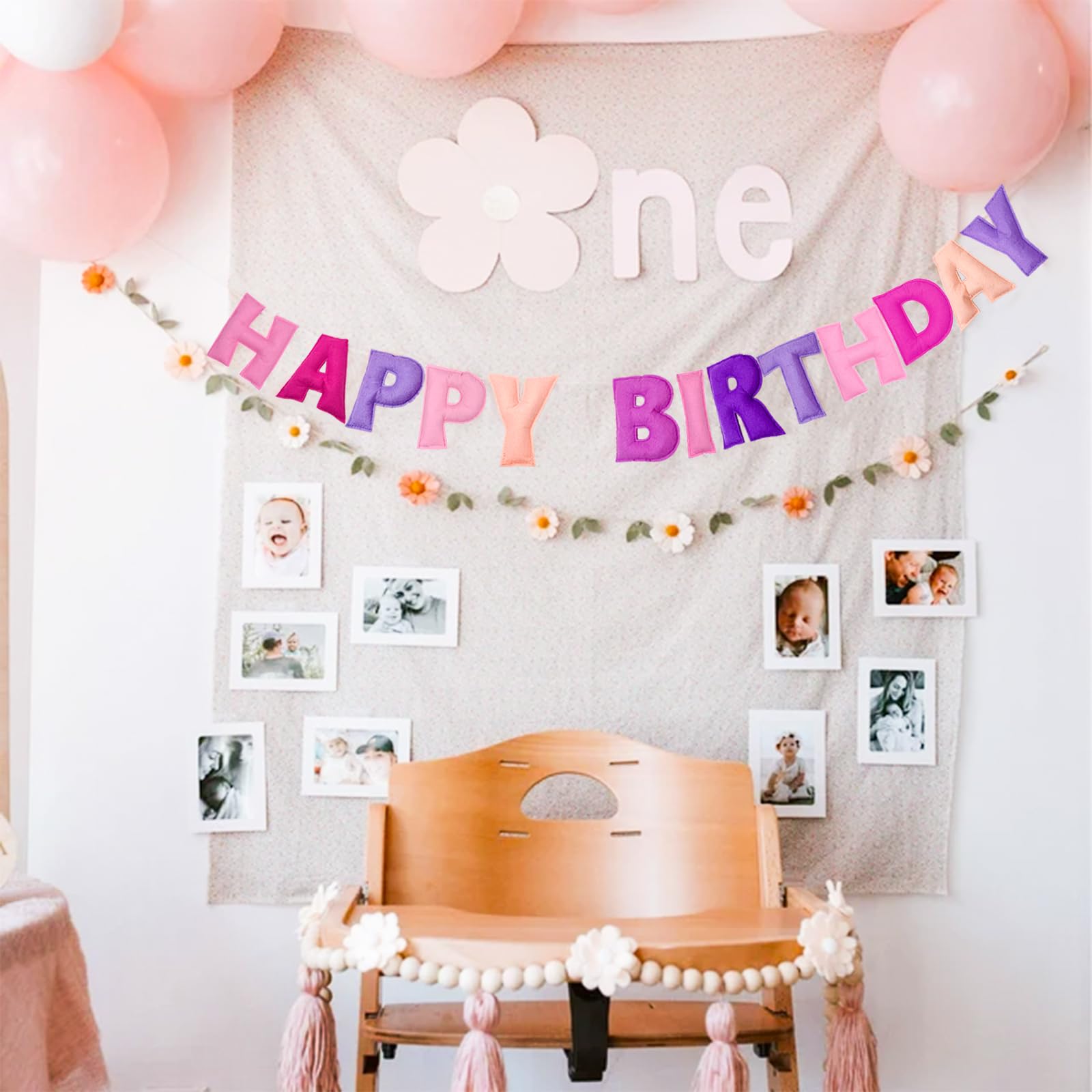 Pre-Strung Pink Felt Happy Birthday Banner - Reusable Wool Felt Garland with 3D Letters - Ready to Hang, 6.56ft