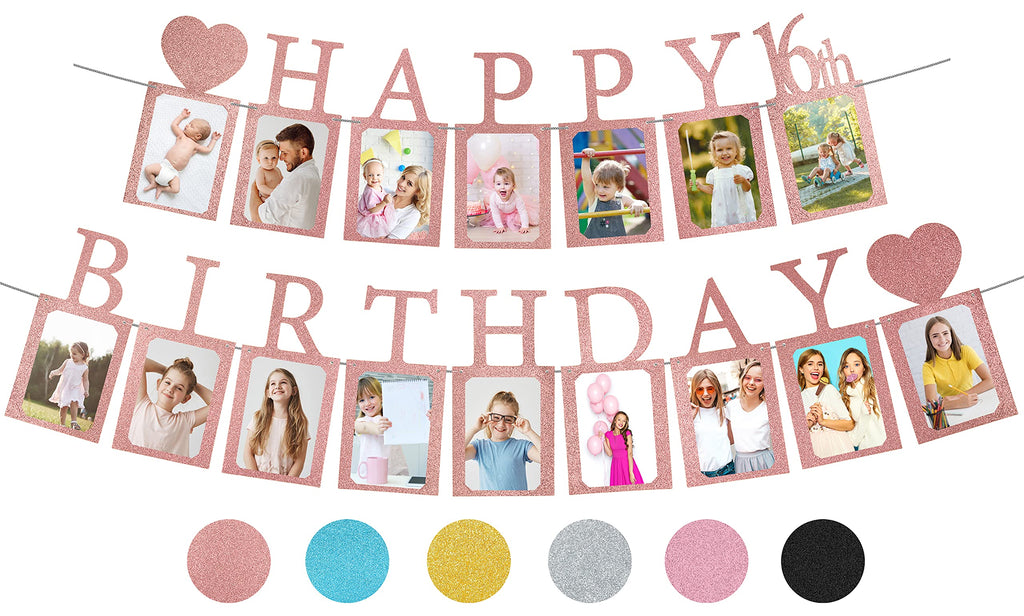 Pre-Strung Sweet 16 Photo Banner in Rose Gold – 16 Card Frames for 4x6 Photos – PartyHooman