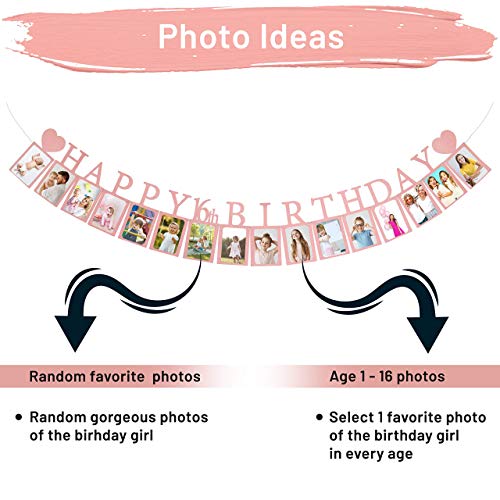 Pre-Strung Sweet 16 Photo Banner in Rose Gold – 16 Card Frames for 4x6 Photos – PartyHooman