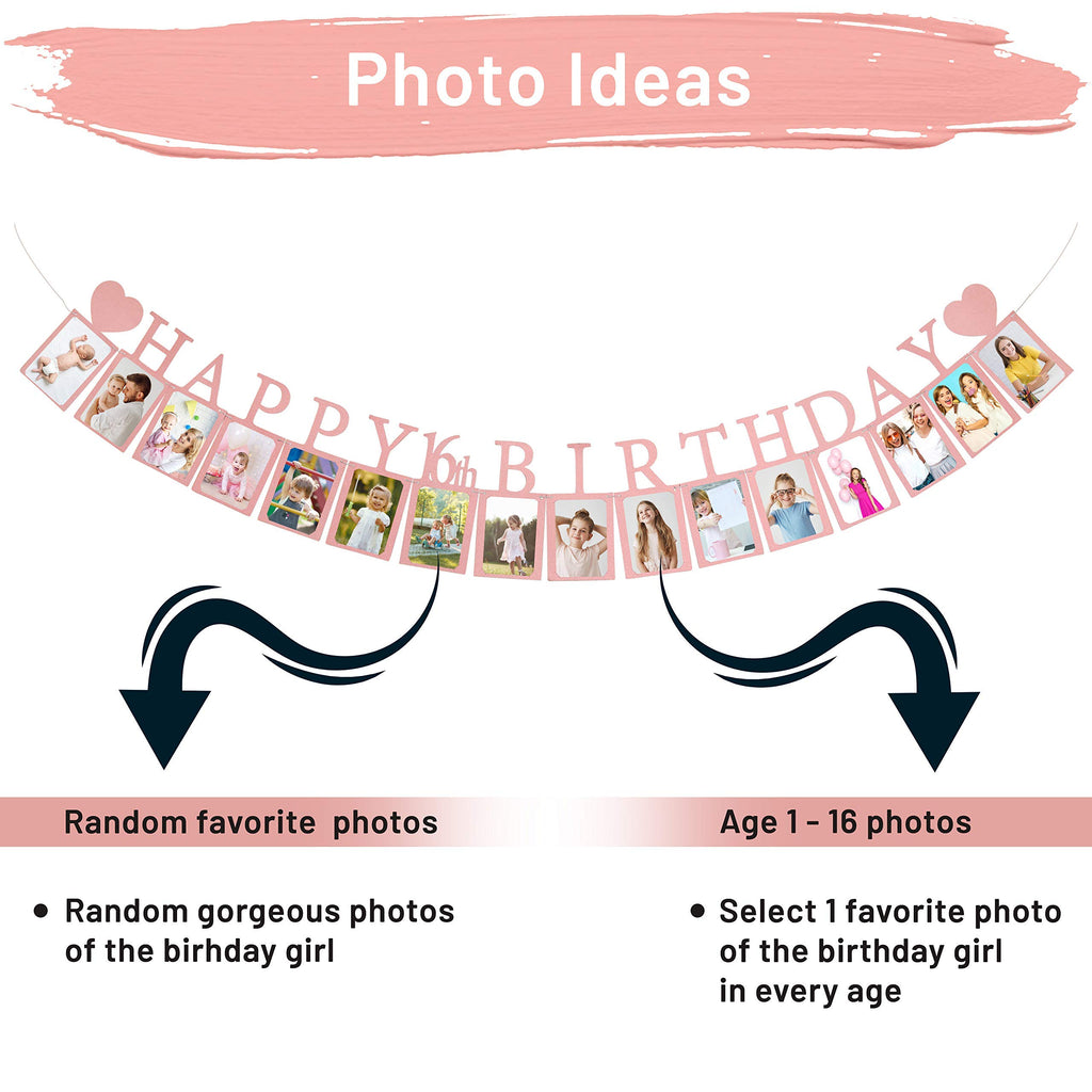 Pre-Strung Sweet 16 Photo Banner in Rose Gold – 16 Card Frames for 4x6 Photos – PartyHooman