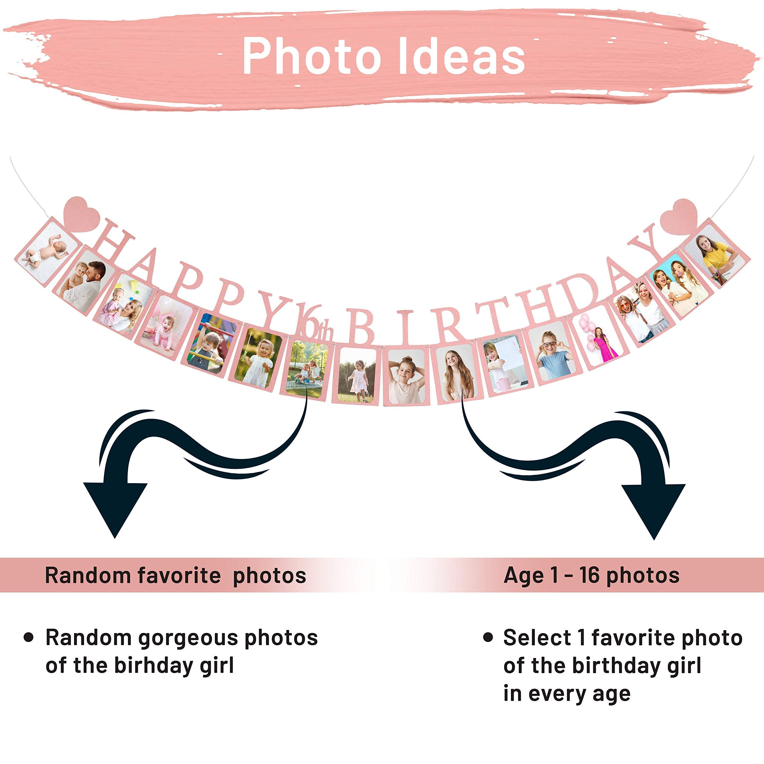 Pre-Strung Sweet 16 Photo Banner in Rose Gold – 16 Card Frames for 4x6 Photos – PartyHooman