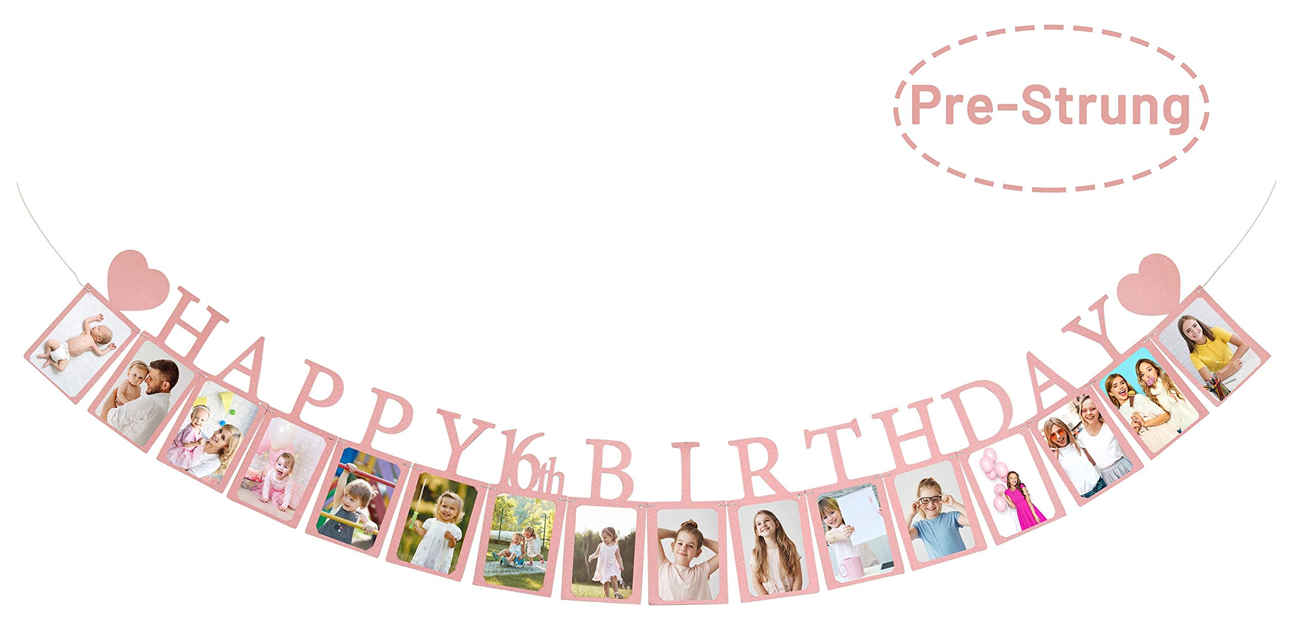 Pre-Strung Sweet 16 Photo Banner in Rose Gold – 16 Card Frames for 4x6 Photos – PartyHooman