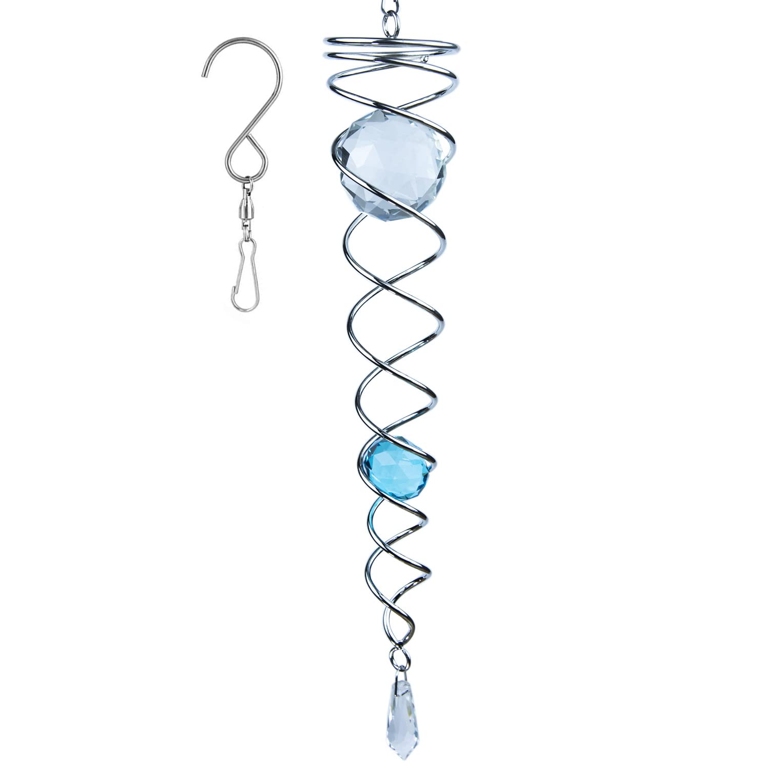 Prefdo 12-Inch Gazing Ball Spiral Tail Wind Spinner - Stainless Steel with 2 K9 Crystal Glass Balls, Lake Blue