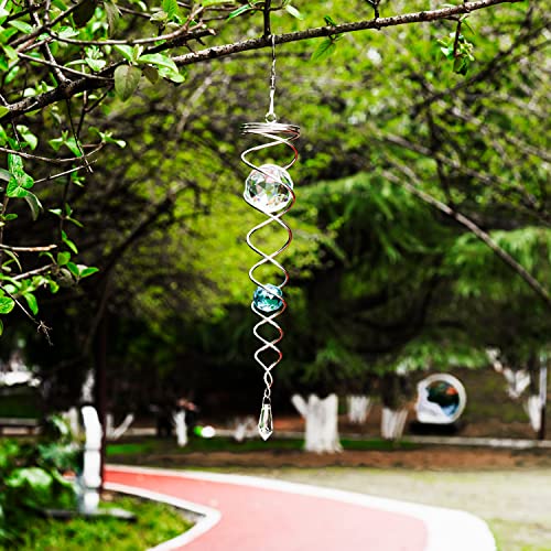 Prefdo 12-Inch Gazing Ball Spiral Tail Wind Spinner - Stainless Steel with 2 K9 Crystal Glass Balls, Lake Blue