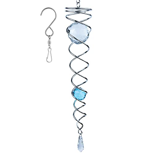 Prefdo 12-Inch Gazing Ball Spiral Tail Wind Spinner - Stainless Steel with 2 K9 Crystal Glass Balls, Lake Blue