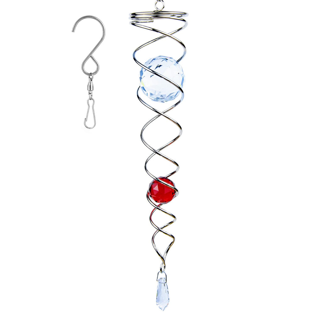 Prefdo 12-Inch Stainless Steel Wind Spinner with Two K9 Crystal Glass Balls - Red Spiral Tail for Garden Decor