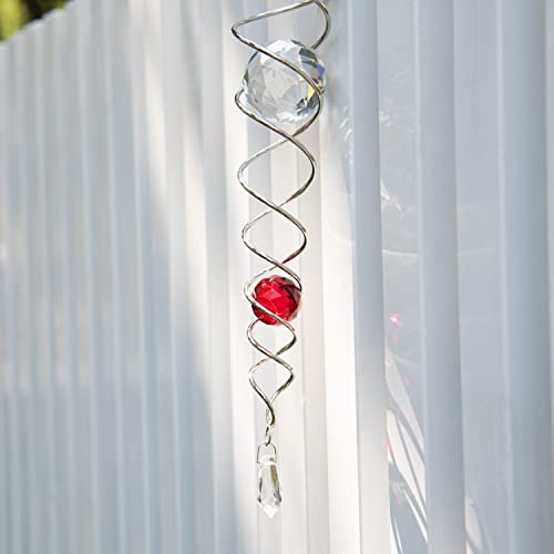Prefdo 12-Inch Stainless Steel Wind Spinner with Two K9 Crystal Glass Balls - Red Spiral Tail for Garden Decor