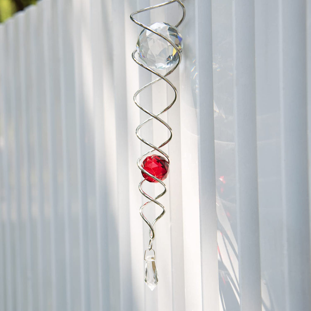 Prefdo 12-Inch Stainless Steel Wind Spinner with Two K9 Crystal Glass Balls - Red Spiral Tail for Garden Decor
