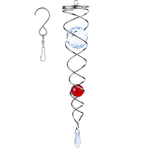 Prefdo 12-Inch Stainless Steel Wind Spinner with Two K9 Crystal Glass Balls - Red Spiral Tail for Garden Decor