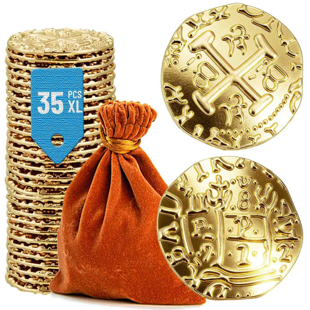 Prefdo 35-Piece Large Gold Pirate Coins Set - 1.18" Zinc Alloy Spanish Doubloon Replicas for Board Games, RPGs, and Treasure Hunts