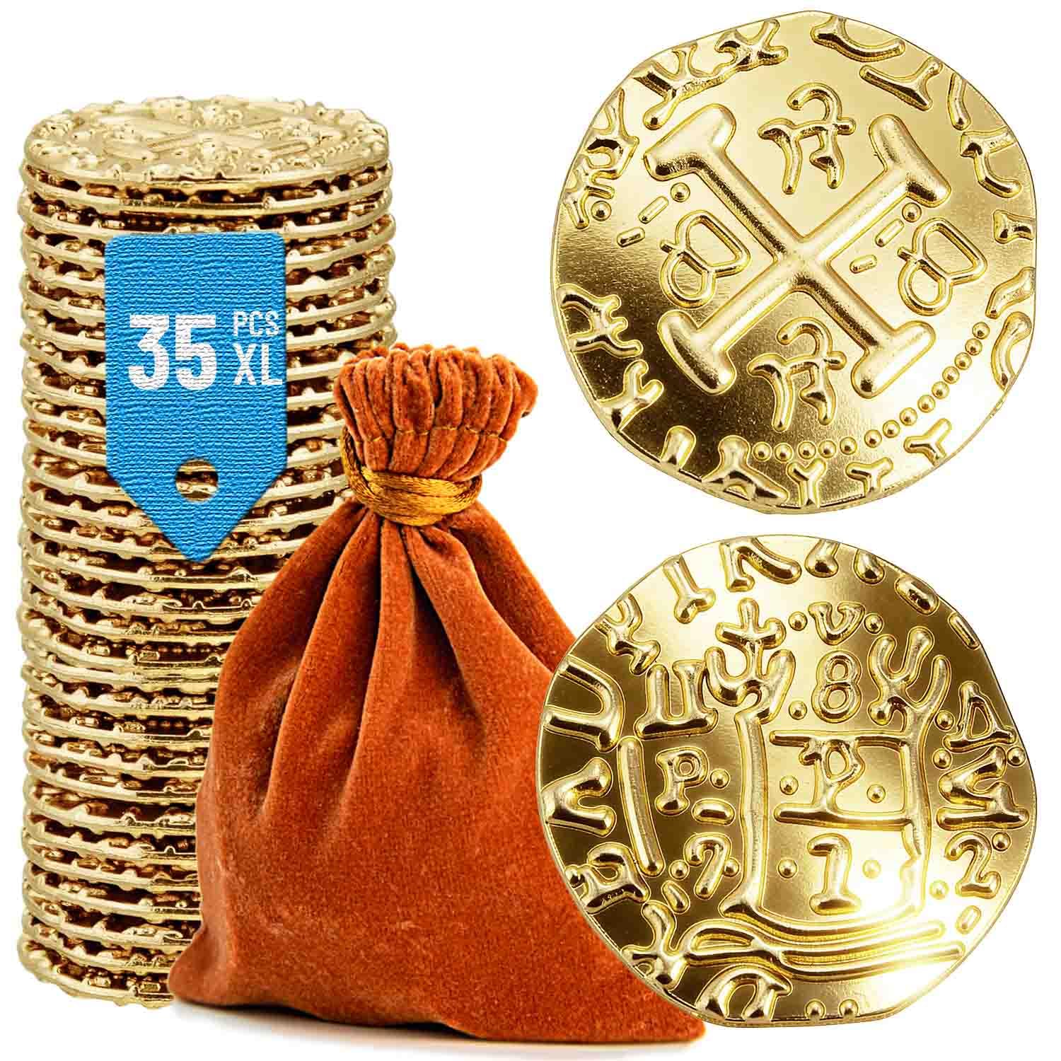 Prefdo 35-Piece Large Gold Pirate Coins Set - 1.18" Zinc Alloy Spanish Doubloon Replicas for Board Games, RPGs, and Treasure Hunts