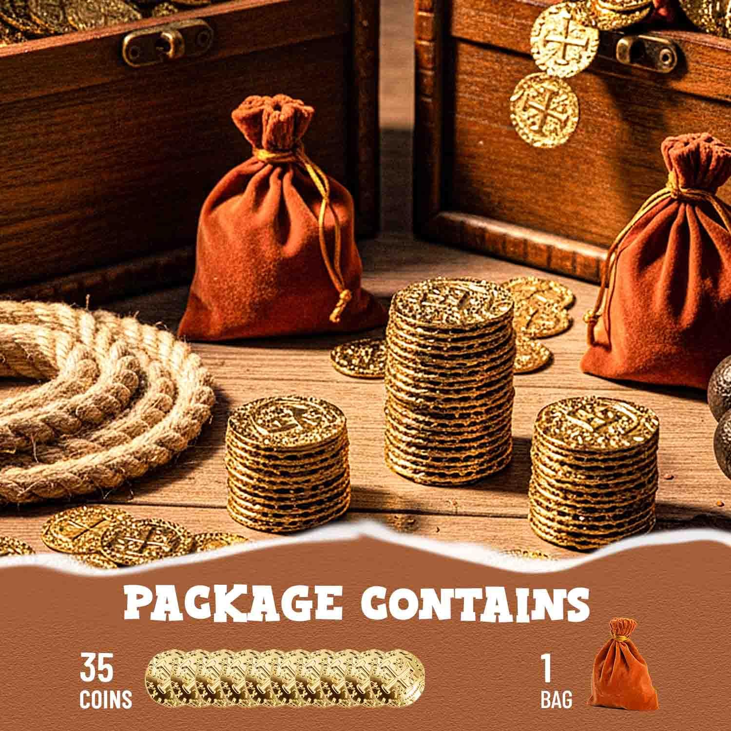Prefdo 35-Piece Large Gold Pirate Coins Set - 1.18" Zinc Alloy Spanish Doubloon Replicas for Board Games, RPGs, and Treasure Hunts