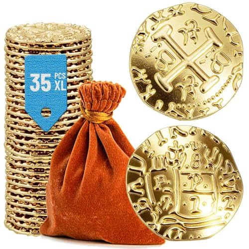 Prefdo 35-Piece Large Gold Pirate Coins Set - 1.18" Zinc Alloy Spanish Doubloon Replicas for Board Games, RPGs, and Treasure Hunts