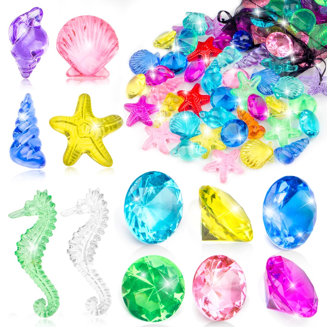 Prehalpty 60-Piece Diving Pool Toys Set: Acrylic Gems & Sea Creatures for Underwater Treasure Hunts, Includes Mesh Bag