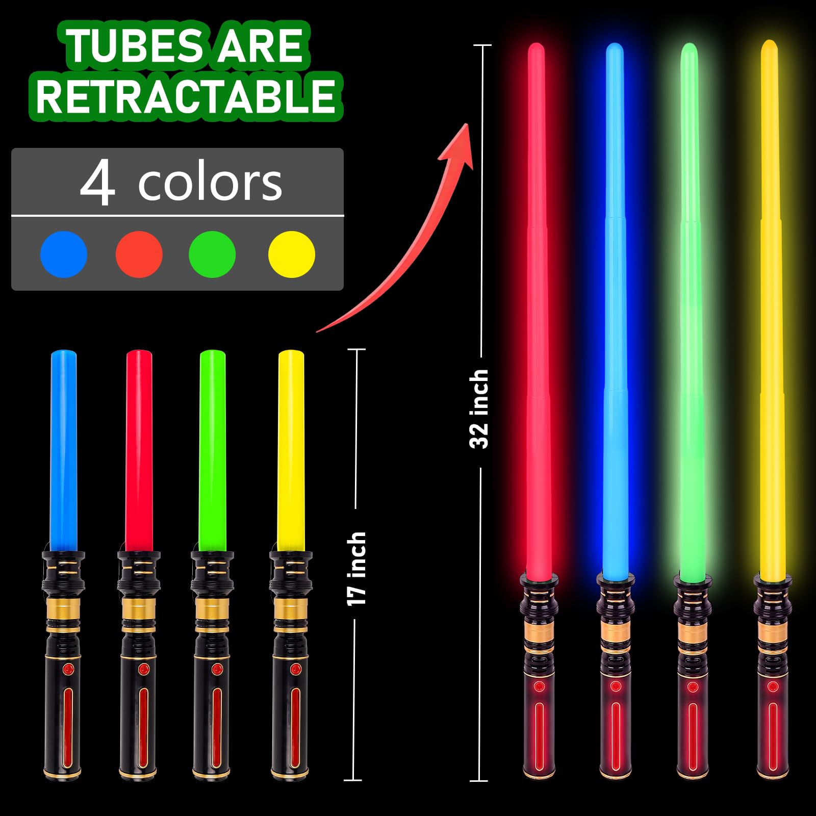 PremToytics Light Up LED Saber with FX Sound – Retractable 17 to 32 Inch Yellow Blade