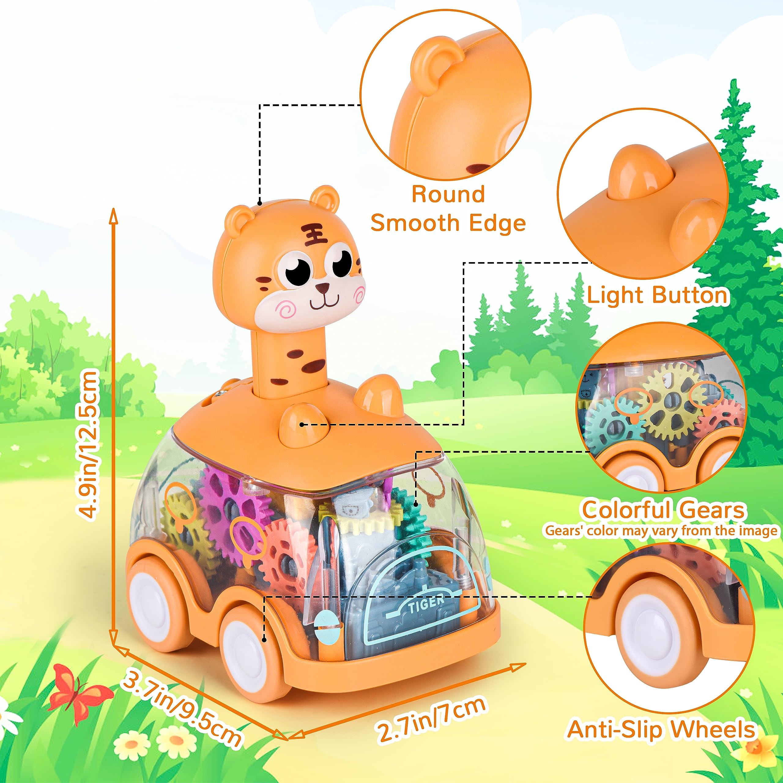 Press and Go Car for Toddlers 1-5 Years - Light Up Animal Cars with Giraffe & Tiger - No Batteries Needed