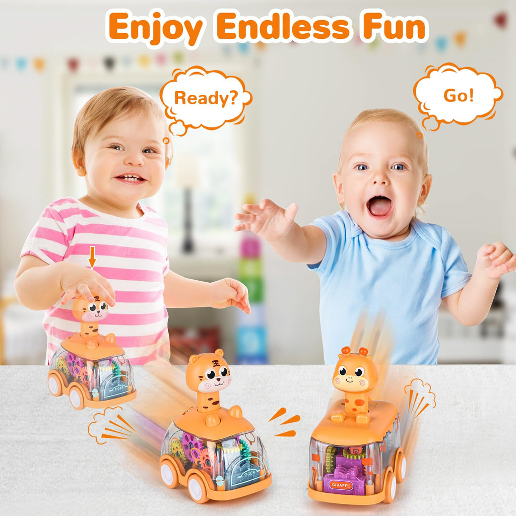 Press and Go Car for Toddlers 1-5 Years - Light Up Animal Cars with Giraffe & Tiger - No Batteries Needed