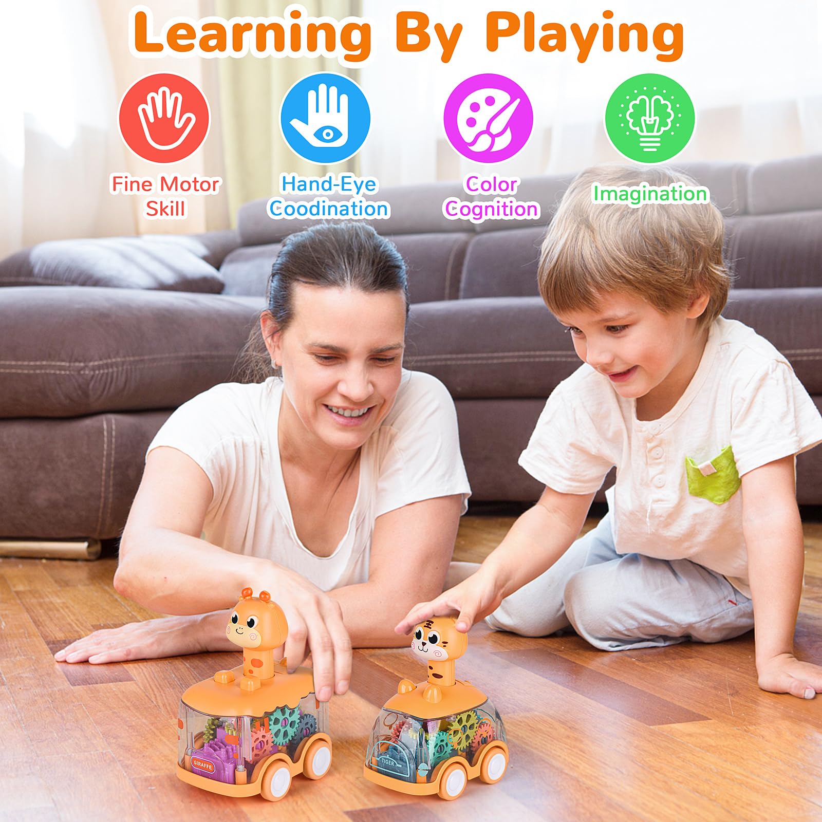 Press and Go Car for Toddlers 1-5 Years - Light Up Animal Cars with Giraffe & Tiger - No Batteries Needed