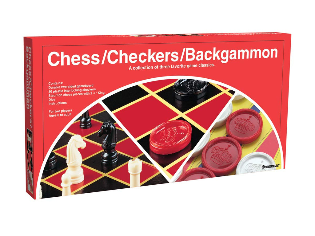 Pressman 3-in-1 Board Game Set: Chess, Checkers & Backgammon – Full Size Staunton Pieces & Interlocking Checkers, Ages 8+