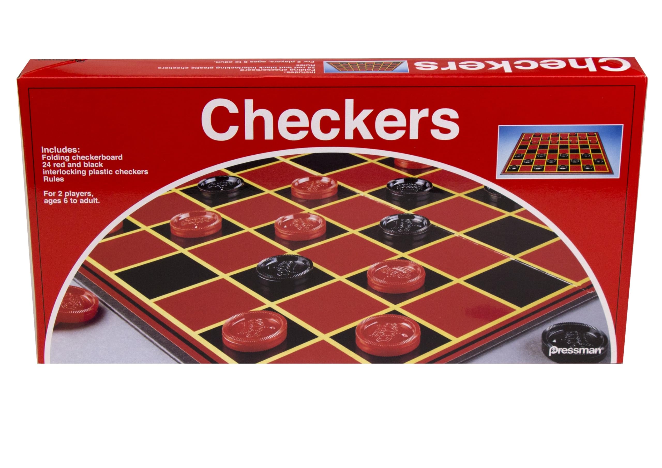 Pressman Checkers – Classic 2-Player Strategy Game with Folding Board and Interlocking Pieces