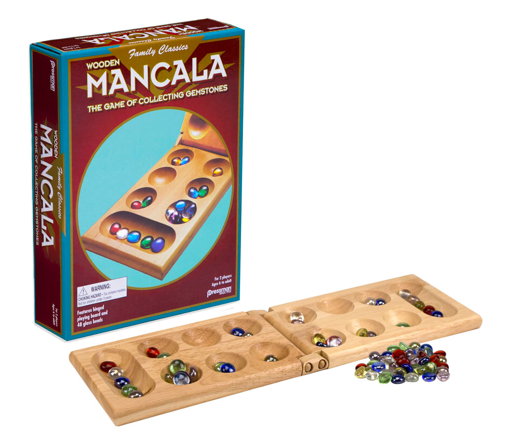 Pressman Mancala Board Game – Wooden Folding Set with 48 Stones for 2 Players, Ages 6+