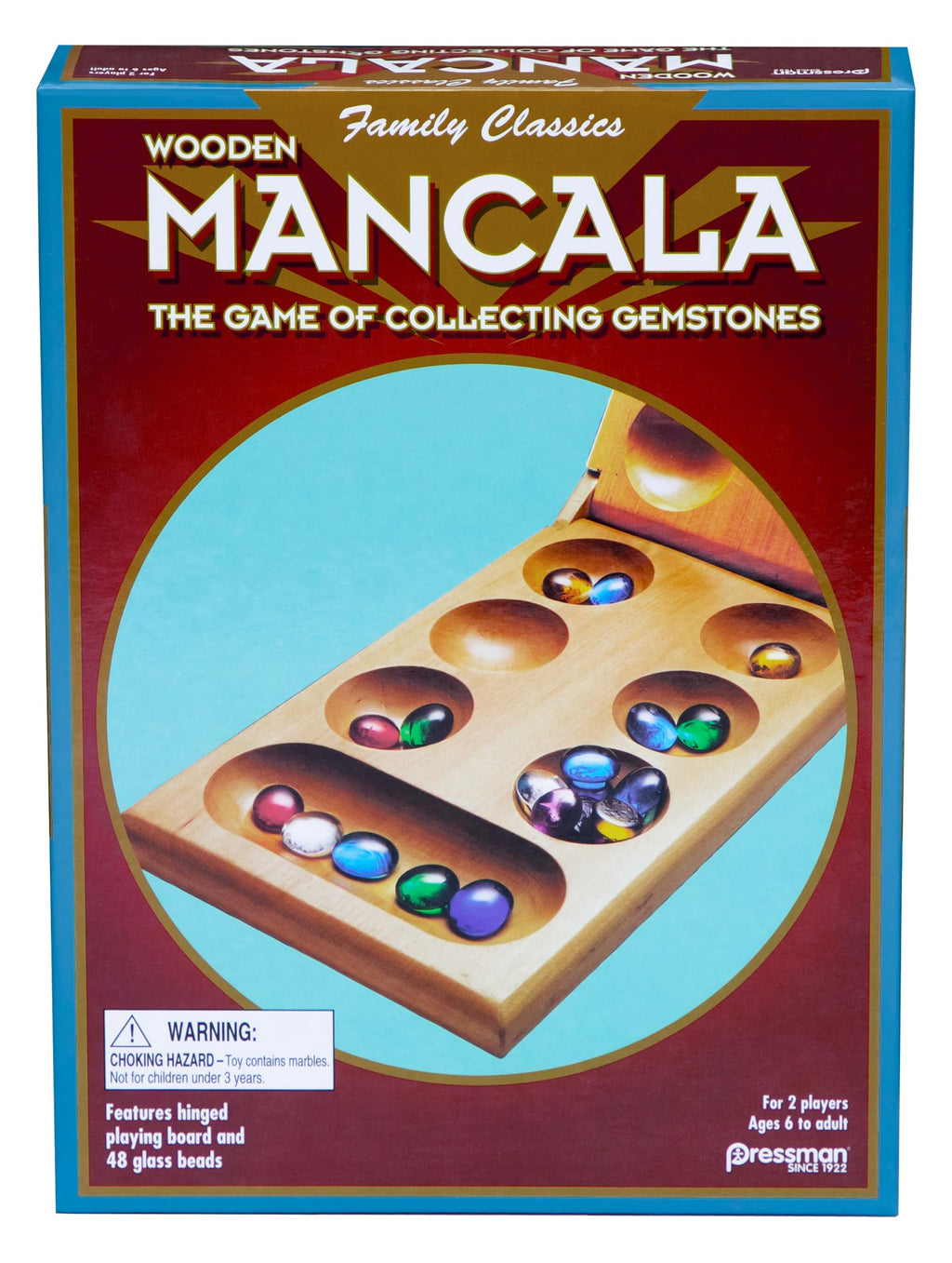 Pressman Mancala Board Game – Wooden Folding Set with 48 Stones for 2 Players, Ages 6+