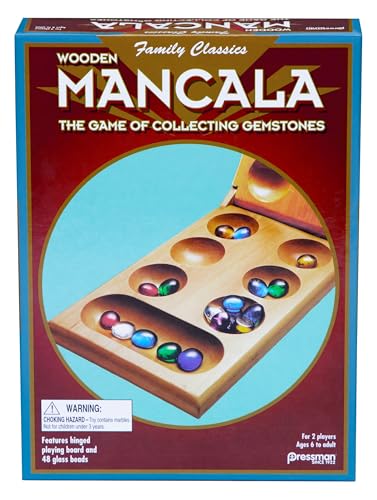 Pressman Mancala Board Game – Wooden Folding Set with 48 Stones for 2 Players, Ages 6+