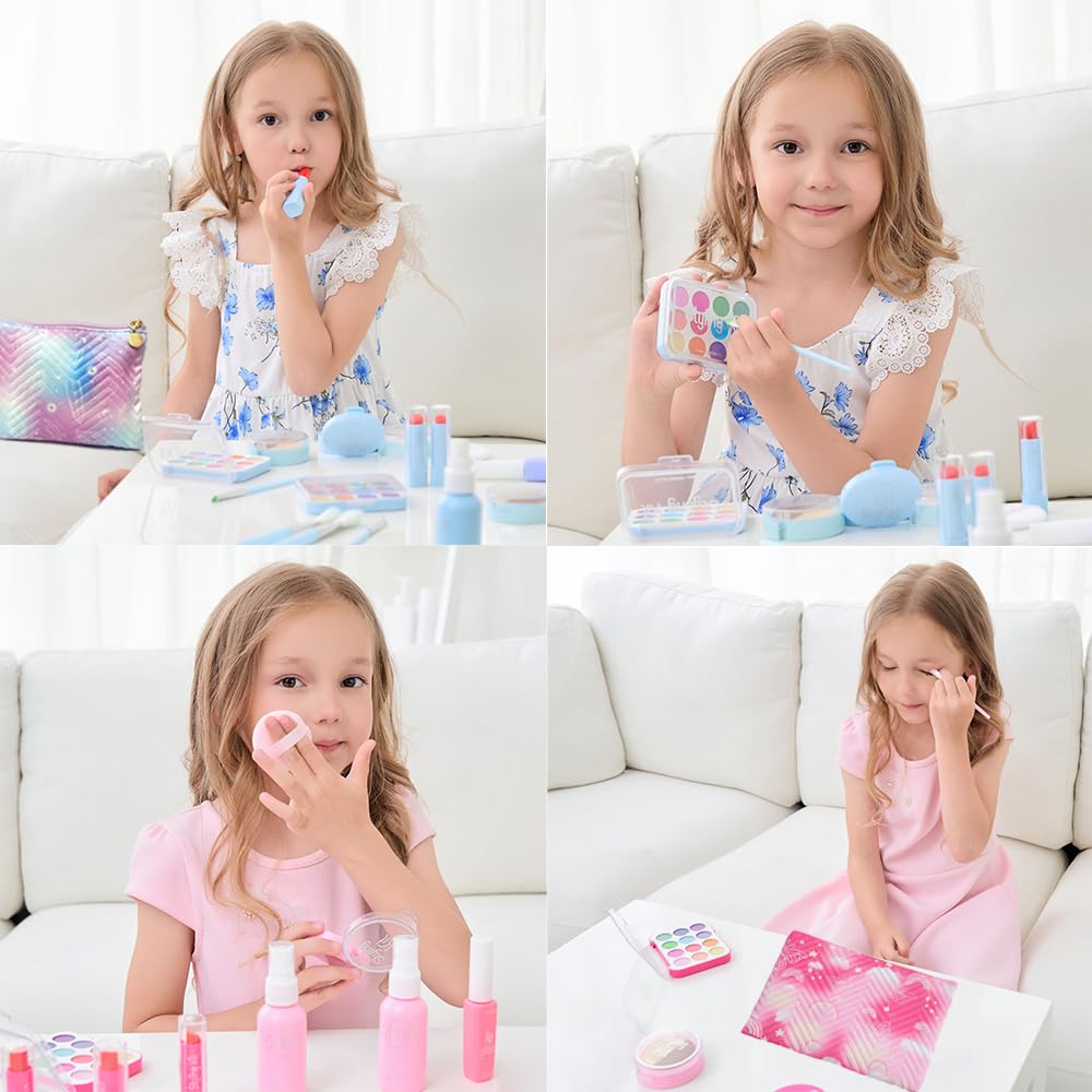 Pretend Makeup Kit for Girls - 11 Piece Play Makeup Set with Bag, Blue (WenToyce)