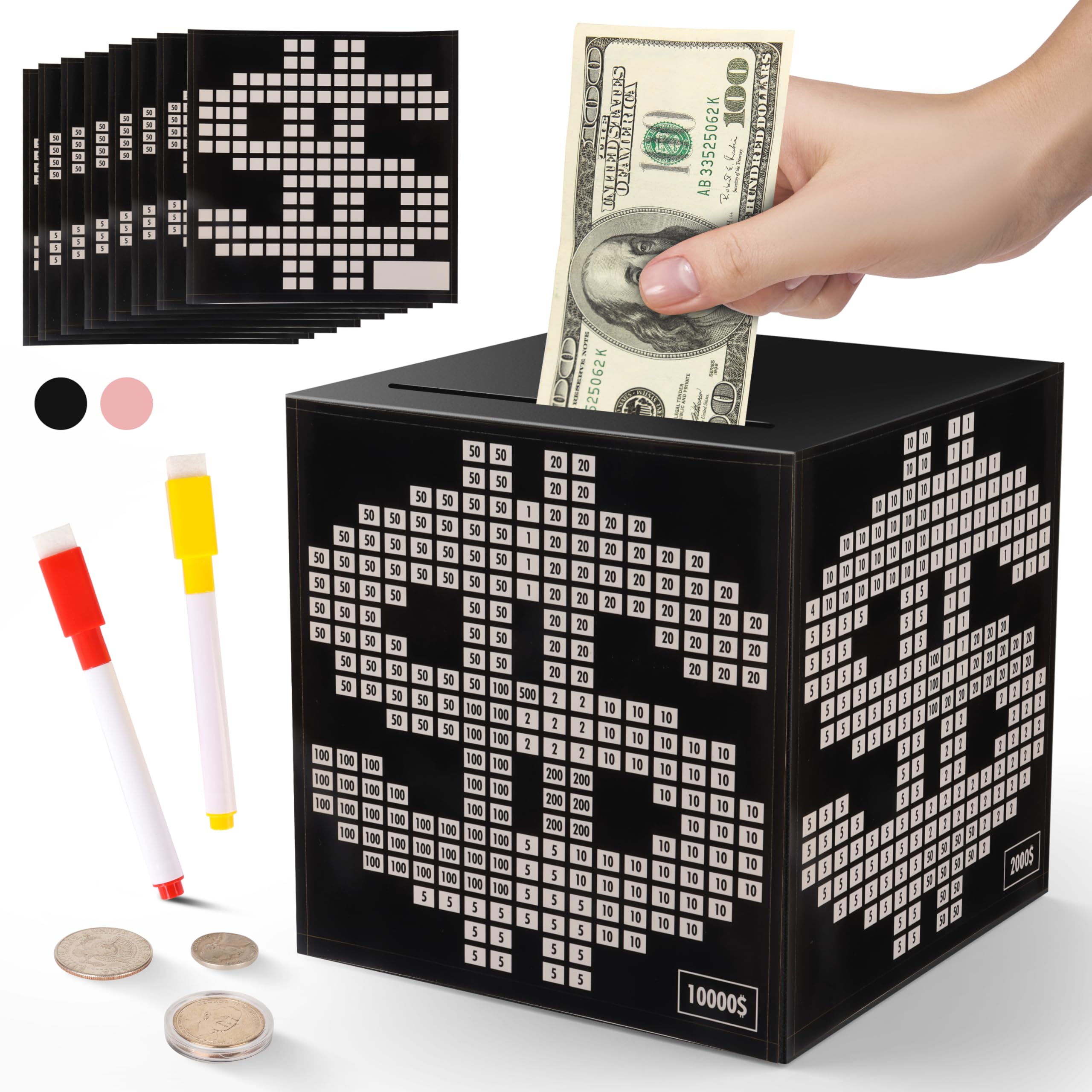 Primo Lines Money Saving Box Challenge - Metal Savings Box with Goal Tracker for Kids and Adults - Holds Up to 700 Bills or 4,000 Coins