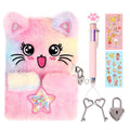 PrinBarBee Cat Diary for Girls with Lock and Keys – Fuzzy Tie-Dye Journal A5
