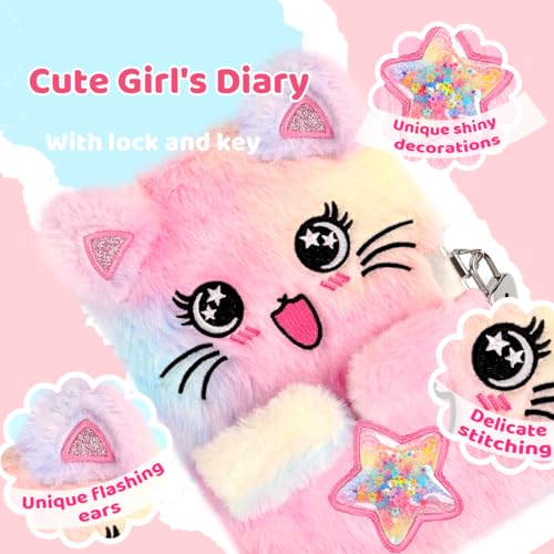 PrinBarBee Cat Diary for Girls with Lock and Keys – Fuzzy Tie-Dye Journal A5