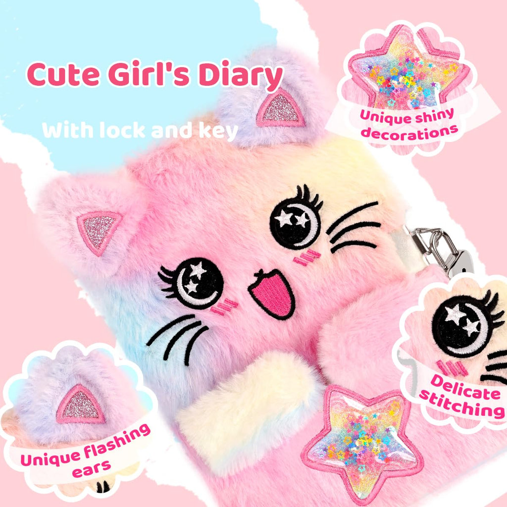PrinBarBee Cat Diary for Girls with Lock and Keys – Fuzzy Tie-Dye Journal A5