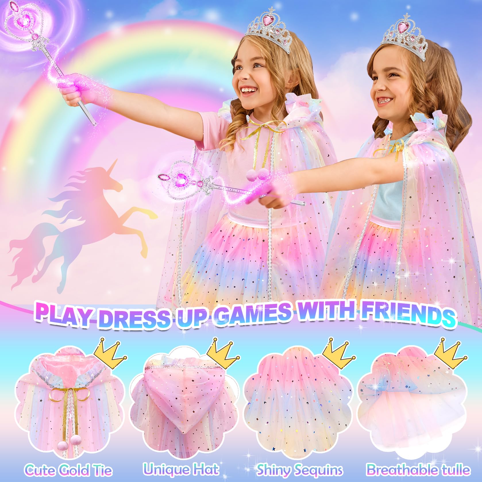 Princess Dress-Up Set for Girls – 4 Themes, Cape, Tiara, Wand & Jewelry