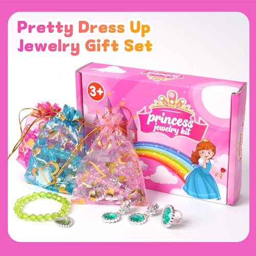 Princess Jewelry Set for Little Girls – 28 Pieces with Necklaces, Bracelets, Rings, and Clip-On Earrings