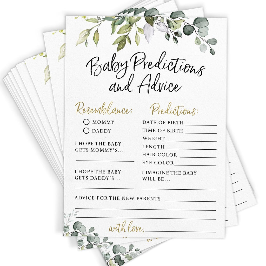 Printed Party Baby Shower Prediction & Advice Cards – 30 Eucalyptus Greenery Cards for Gender Reveal, Fun Party Game, Keepsake for New Parents