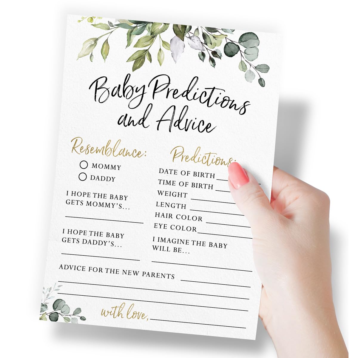 Printed Party Baby Shower Prediction & Advice Cards – 30 Eucalyptus Greenery Cards for Gender Reveal, Fun Party Game, Keepsake for New Parents