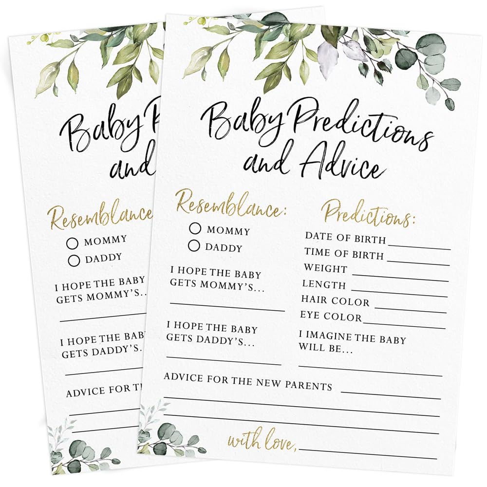 Printed Party Baby Shower Prediction & Advice Cards – 30 Eucalyptus Greenery Cards for Gender Reveal, Fun Party Game, Keepsake for New Parents
