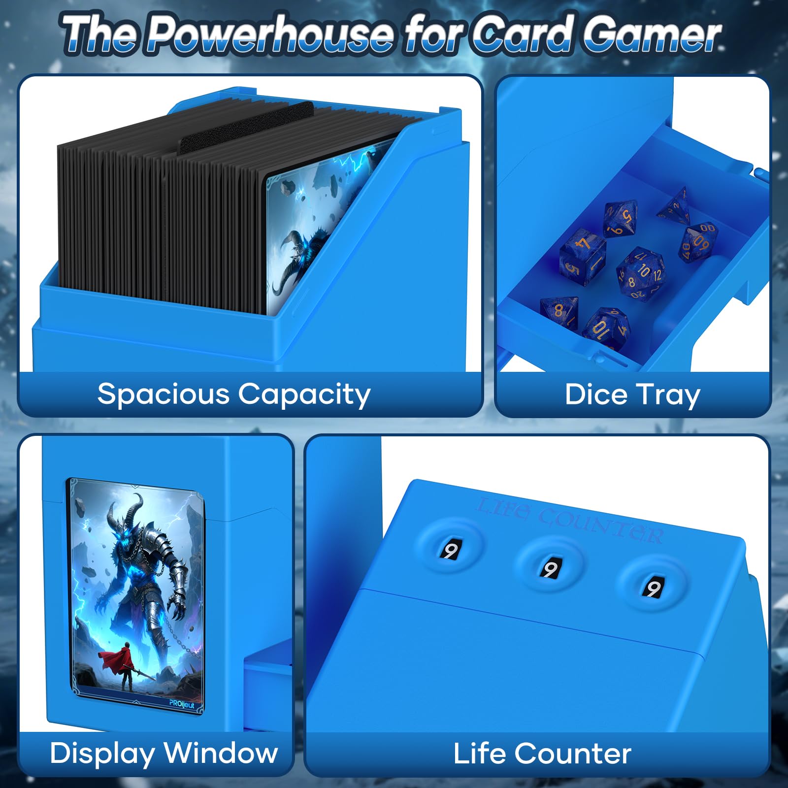 Proijeut Deck Box with Life Counter & Commander Display – Holds 100 Double-Sleeved Cards, Blue
