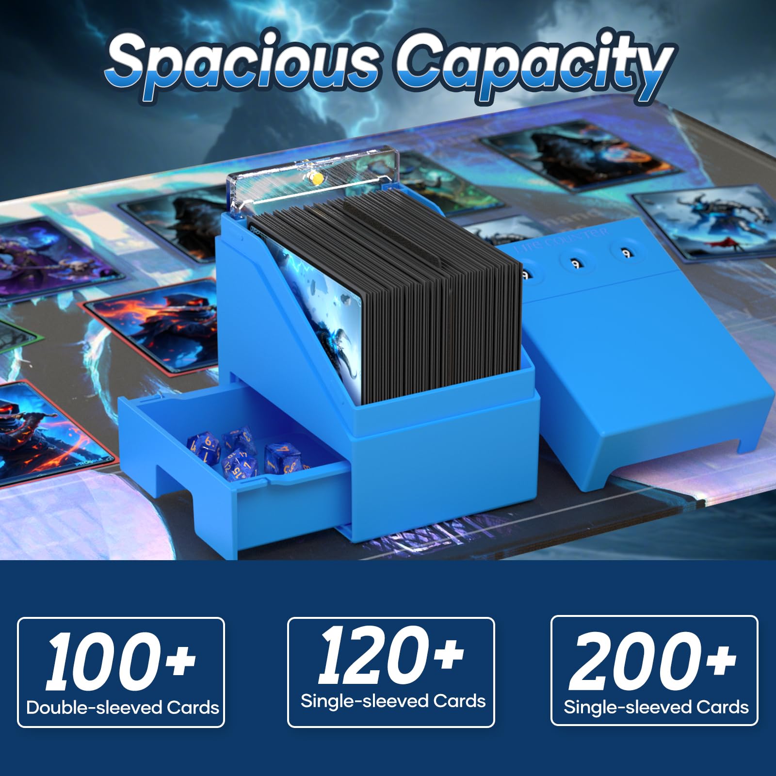 Proijeut Deck Box with Life Counter & Commander Display – Holds 100 Double-Sleeved Cards, Blue