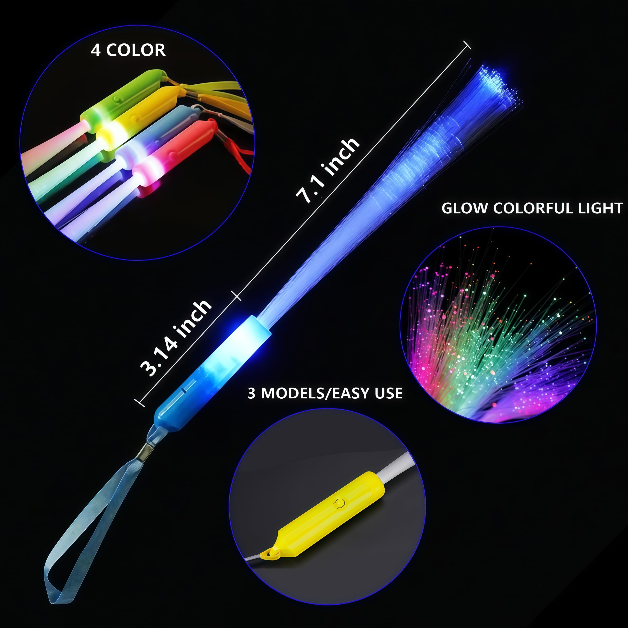 ProlPings 12PC Glow Fiber Optic Wands – LED Light Up Party Favors in 4 Neon Colors with 3 Modes