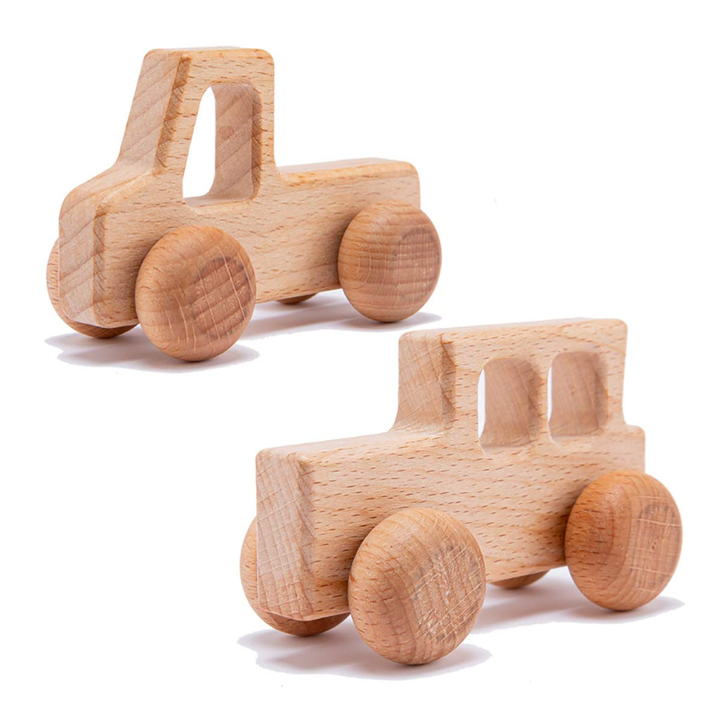 Promise Babe 2-Pack Wooden Truck Rattles – Natural Beech Teether Toy for Infants, Montessori Grasping Toy