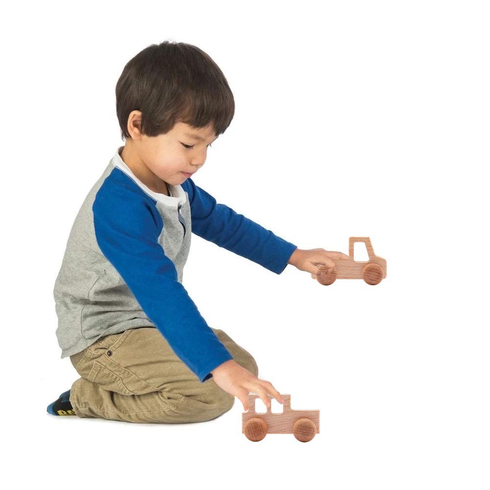 Promise Babe 2-Pack Wooden Truck Rattles – Natural Beech Teether Toy for Infants, Montessori Grasping Toy