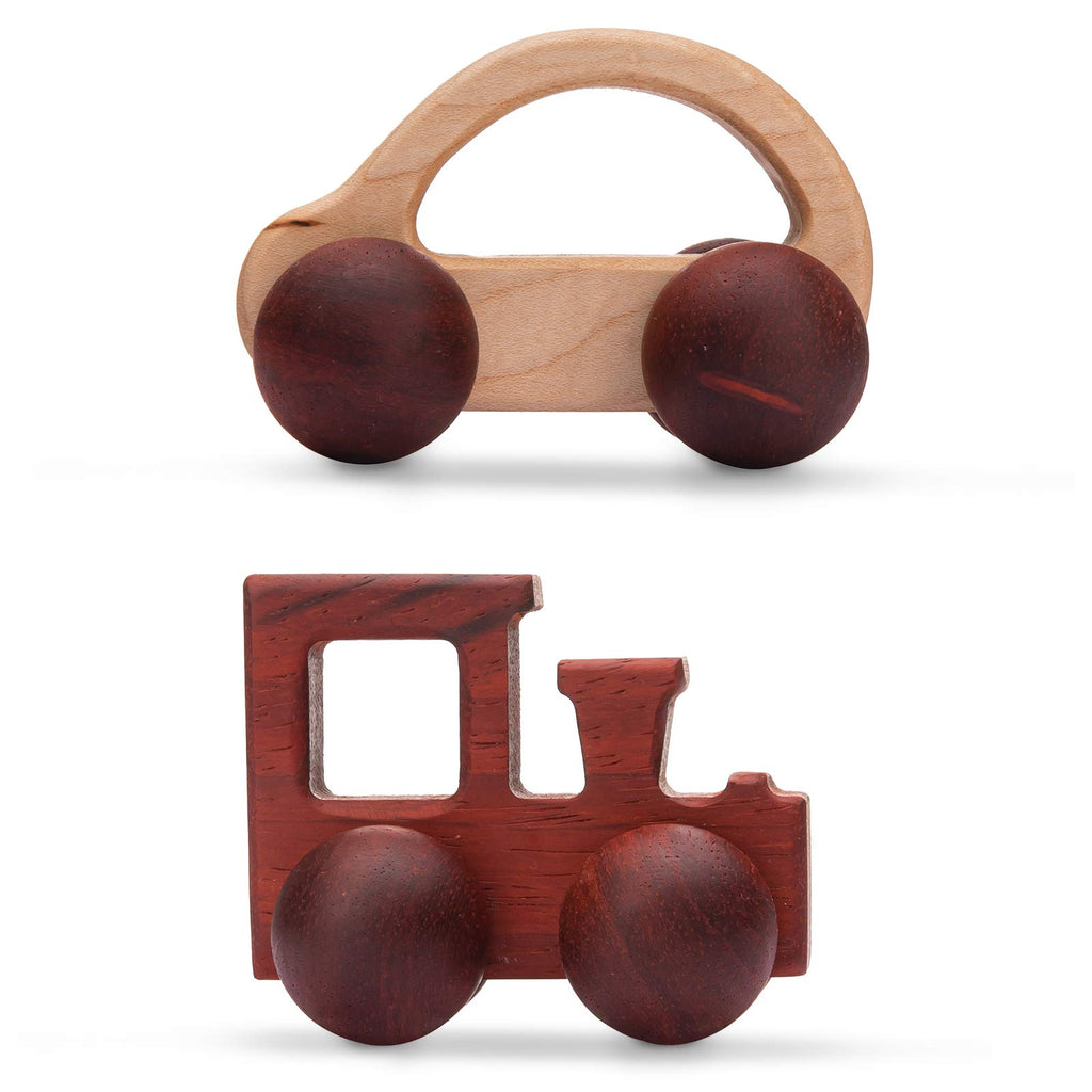Promise Babe 2-Piece Wooden Rattle Push Car Set – Natural Beech Wood Montessori Toy for Infants