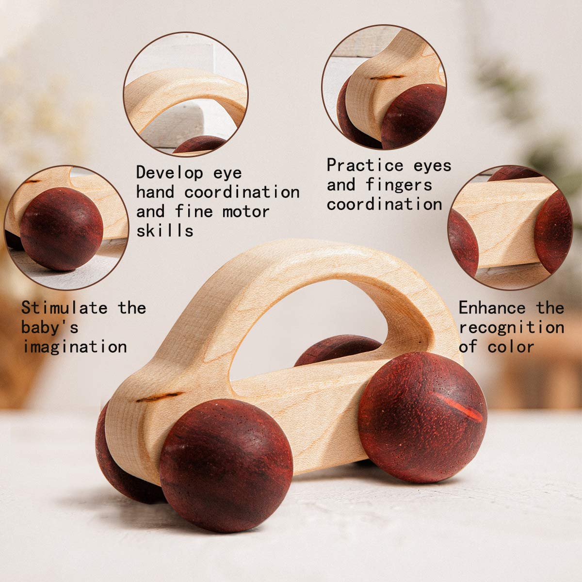 Promise Babe 2-Piece Wooden Rattle Push Car Set – Natural Beech Wood Montessori Toy for Infants