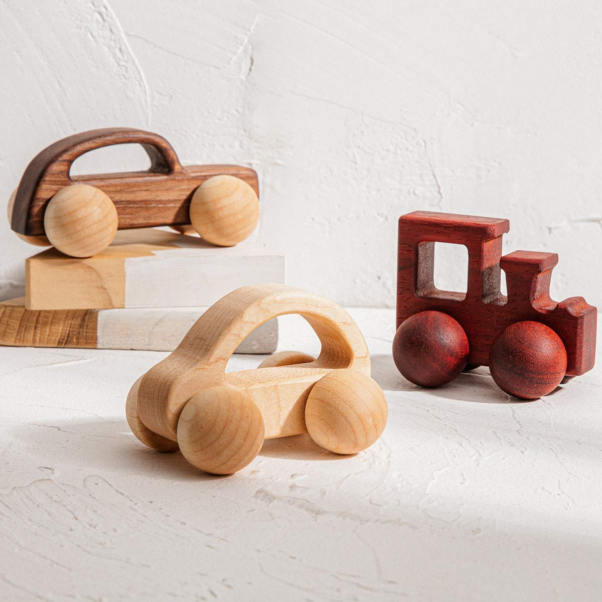 Promise Babe 2-Piece Wooden Rattle Push Car Set – Natural Beech Wood Montessori Toy for Infants