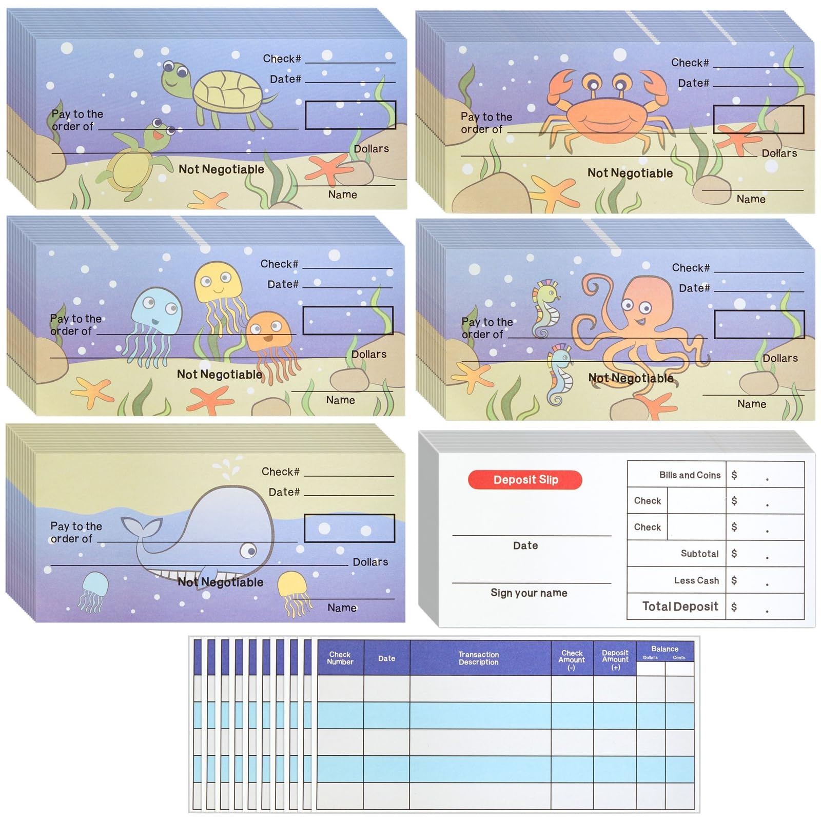 Prop Money Checkbook Set - Sea Animal Theme Fake Checks for Kids - Financial Literacy Homeschool Math Manipulatives - 150 Sheets