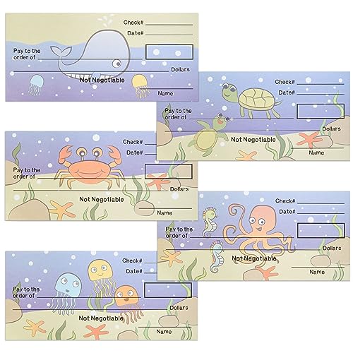 Prop Money Checkbook Set - Sea Animal Theme Fake Checks for Kids - Financial Literacy Homeschool Math Manipulatives - 150 Sheets